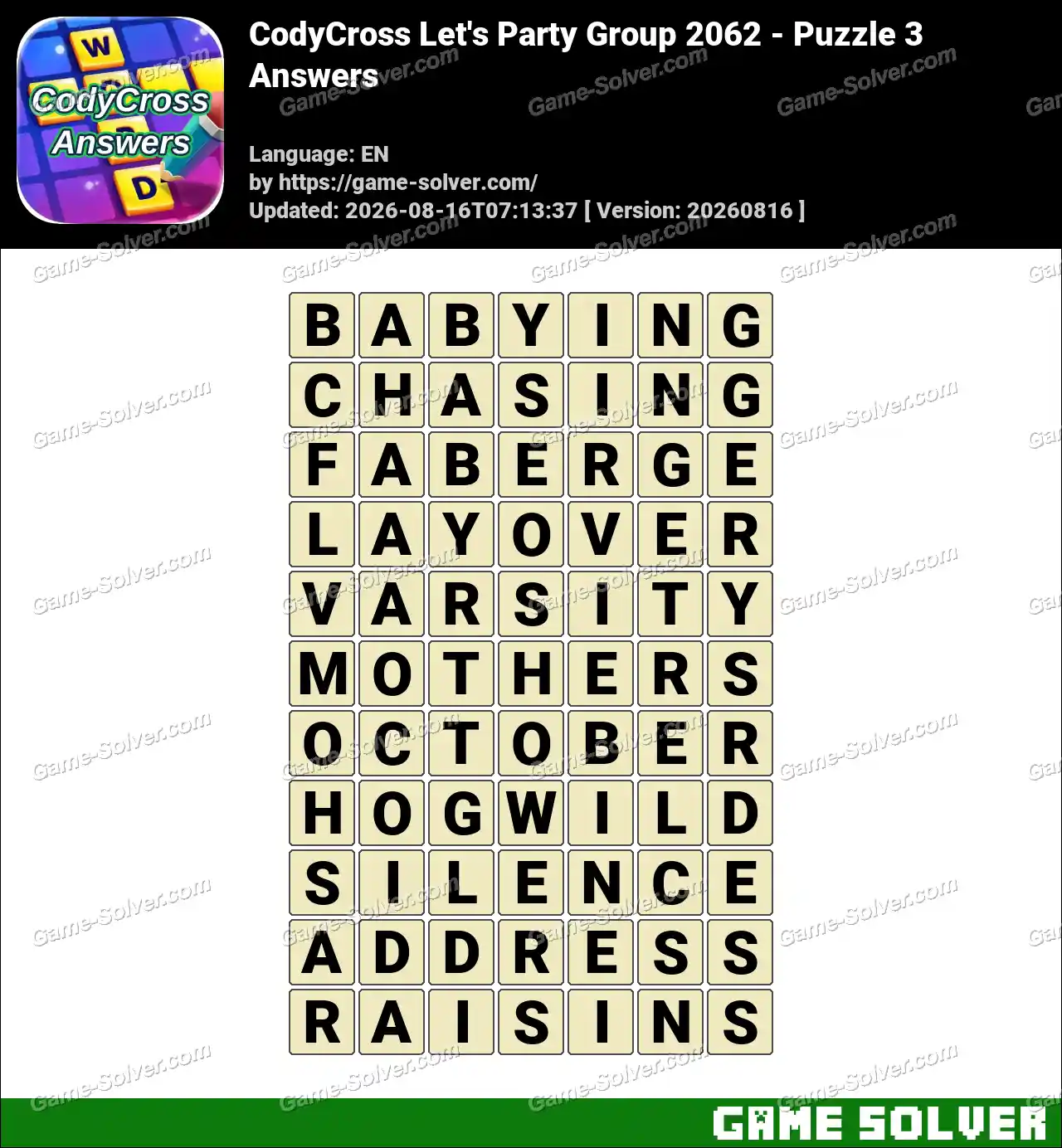 CodyCross Let’s Party Group 2062 – Puzzle 3 Answers